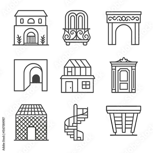 Unique Architecture Icon Set. Outline icon set of unique architecture finds: hidden courtyard, art nouveau balcony, carved stone
