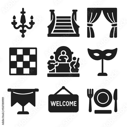 Masquerade Ball Icons. Solid, filled icon set of masquerade ball elements: chandelier, grand staircase, curtain drapes, ballroom