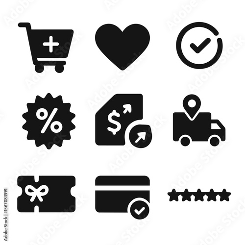 Ecommerce Icon Set. Solid, filled icons set of ecommerce microinteractions: add to cart, wishlist heart,