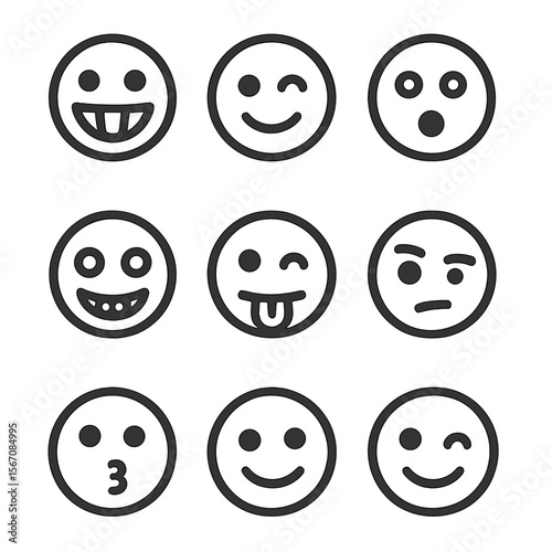 Funny Faces Grid. Solid, filled icon set of funny faces expressions: silly grin, winking eye, tongue out, surprised look, crossed