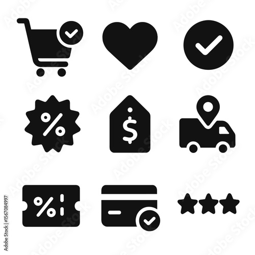Ecommerce Icon Set. Solid, filled icons set of ecommerce microinteractions: add to cart, wishlist heart,