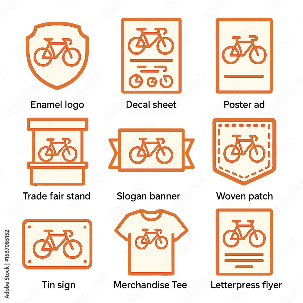 Fototapeta premium Vintage Bicycle Icon Set. Flat icon set of vintage bicycle branding: enamel logo badge, decal sheet, poster ad, trade fair stand,
