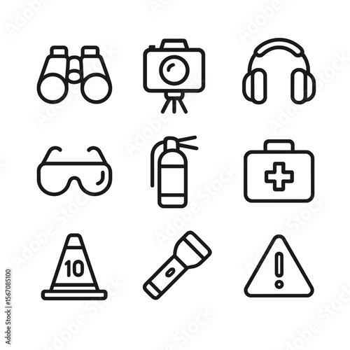 Fireworks Safety Icons. Outline icon set of fireworks viewing and safety: binoculars, camera on tripod, ear protection headset,