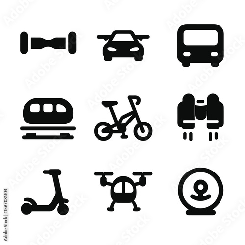 Futuristic Transport Icons. Solid, filled icon set of futuristic transportation: hoverboard, flying car, autonomous shuttle,