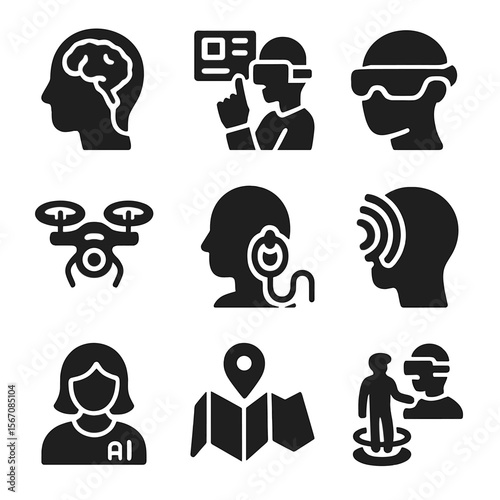 Futuristic VR Icon Set. Solid, filled icon set of future VR innovations: neural interface, floating UI, mixed reality glasses,