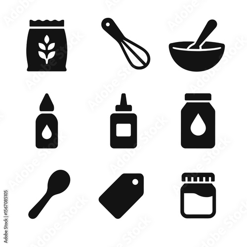 Homemade Paint Icons. Solid, filled icon set of homemade paint recipes: flour bag, whisk, bowl mix, food coloring, squeeze bottle,
