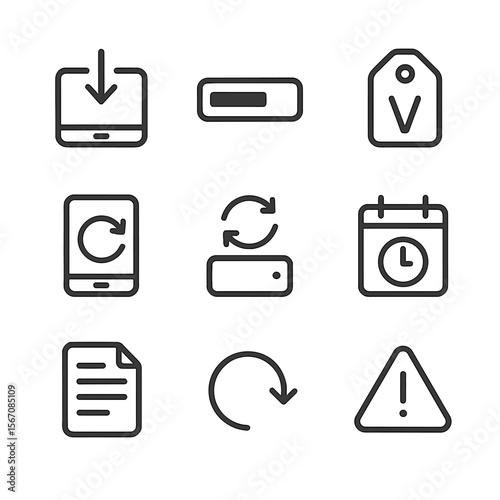Firmware Update Icons. Outline icon set of firmware updates and maintenance: download arrow on device, progress bar display,