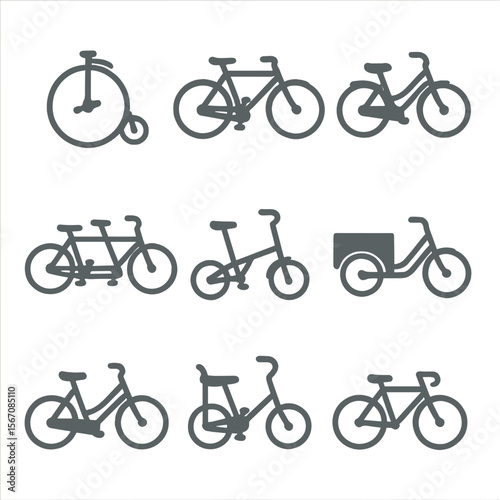 Vintage Bicycle Icons. Flat icon set of vintage bicycle models: penny-farthing, roadster, cruiser, tandem, folder, cargo bike,