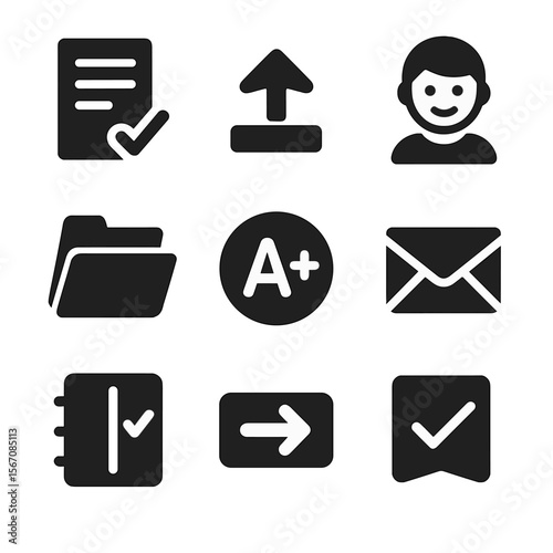 Homework Icons Grid. Solid, filled icon set of completed homework: finished page, green checkmark, upload symbol, happy student,