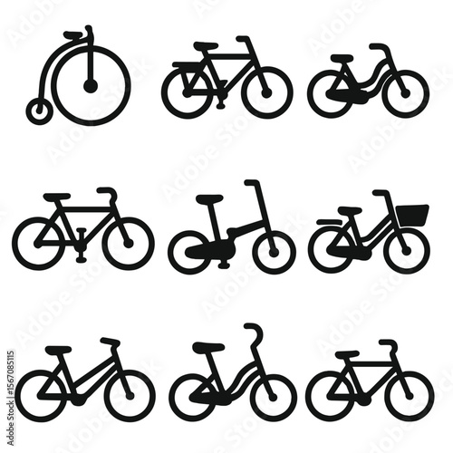 Vintage Bicycle Icons. Solid, Filled icon set of vintage bicycle models: penny-farthing, roadster, cruiser, tandem, folder, cargo