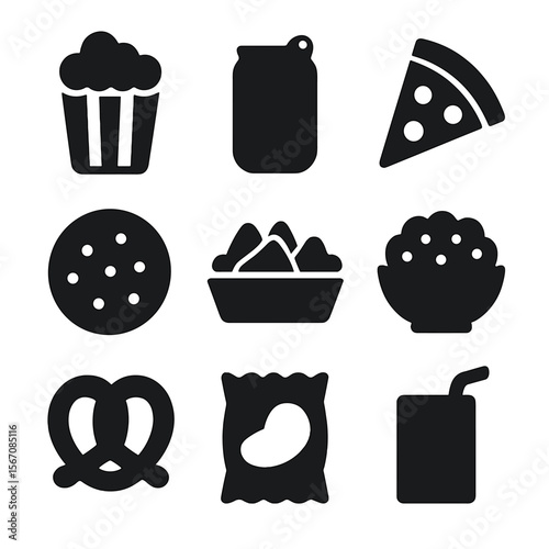 Game Night Snacks Icons. Solid, filled icon set of game night snacks: popcorn bucket, soda can, pizza slice, cookie, nachos tray,