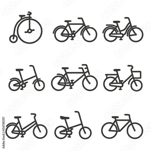 Vintage Bicycle Icons. Flat icon set of vintage bicycle models: penny-farthing, roadster, cruiser, tandem, folder, cargo bike,