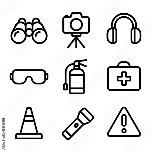 Fireworks Safety Icons. Outline icon set of family Independence Day gathering: picnic blanket, barbecue grill, cooler box, cold