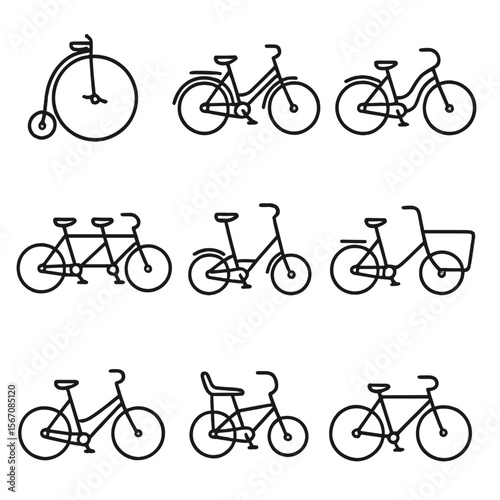 Vintage Bicycle Icons. Outline icon set of vintage bicycle models: penny-farthing, roadster, cruiser, tandem, folder, cargo bike,