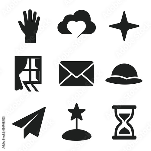 Icons of Hope. Solid, filled icon set of longing and hope: hand reaching upward, heart in cloud, distant star, light through