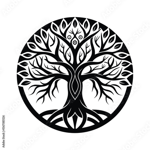 Stylized black tree of life circular design white
