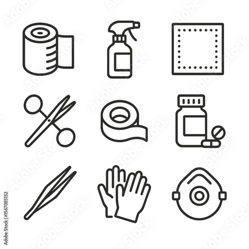 First Aid Icons Set. Outline icon set of first aid kit contents: bandage roll, antiseptic spray bottle, gauze pad, scissors,