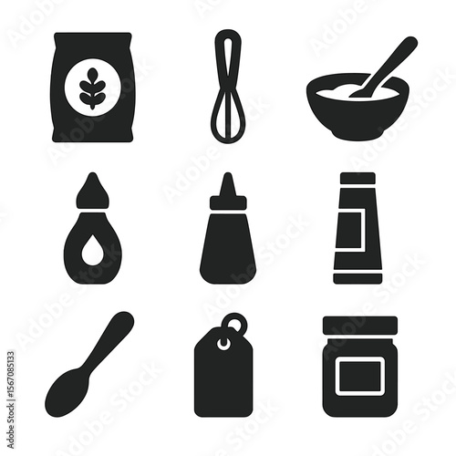 Homemade Paint Icons. Solid, filled icon set of homemade paint recipes: flour bag, whisk, bowl mix, food coloring, squeeze bottle,
