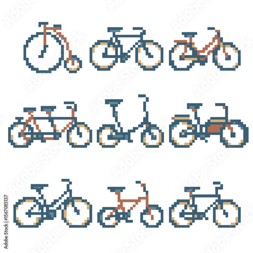 Vintage Bicycle Icons. Pixel art icon set of vintage bicycle models: penny-farthing, roadster, cruiser, tandem, folder, cargo bike