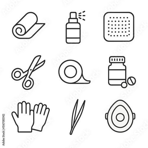 First Aid Icons Set. Outline icon set of first aid kit contents: bandage roll, antiseptic spray bottle, gauze pad, scissors,