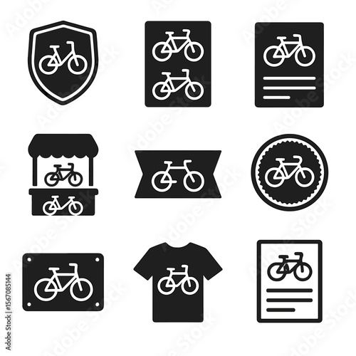 Vintage Bicycle Icons. Solid, Filled icon set of vintage bicycle branding: enamel logo badge, decal sheet, poster ad, trade fair