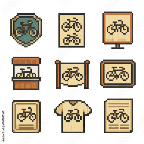 Vintage Bicycle Icon Set. Pixel art icon set of vintage bicycle branding: enamel logo badge, decal sheet, poster ad, trade fair