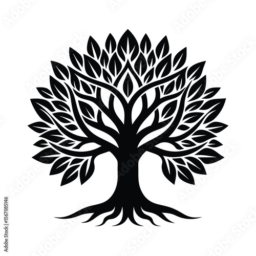 Stylized black tree with flowing branches and roots white