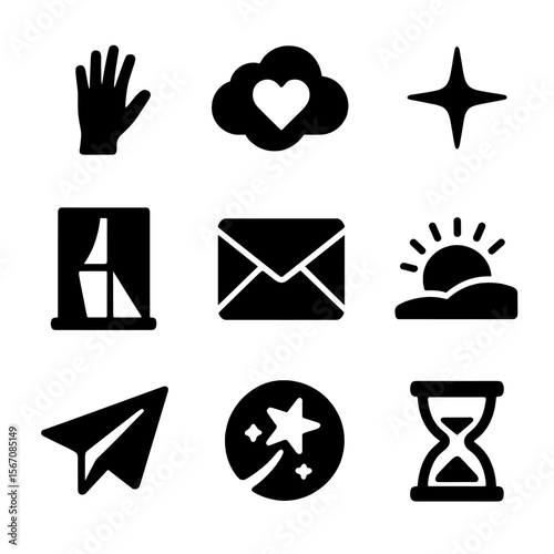 Icons of Hope. Solid, filled icon set of longing and hope: hand reaching upward, heart in cloud, distant star, light through