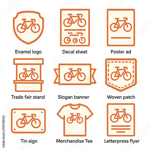 Vintage Bicycle Icon Set. Flat icon set of vintage bicycle branding: enamel logo badge, decal sheet, poster ad, trade fair stand,