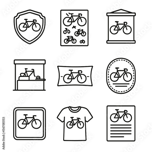Vintage Bicycle Branding Icons. Outline icon set of vintage bicycle branding: enamel logo badge, decal sheet, poster ad, trade