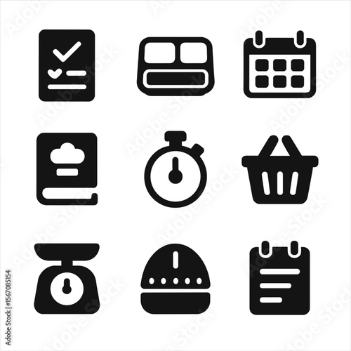 Meal Planning Icons. Solid, filled icon set of meal planning and preparation: grocery list, meal prep container, calendar, recipe