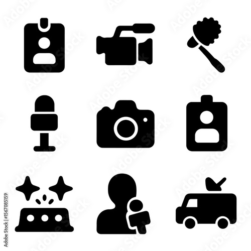Media Tools Icon Set. Solid, filled icon set of media and press: press badge, video camera, boom mic, interview stand, paparazzi