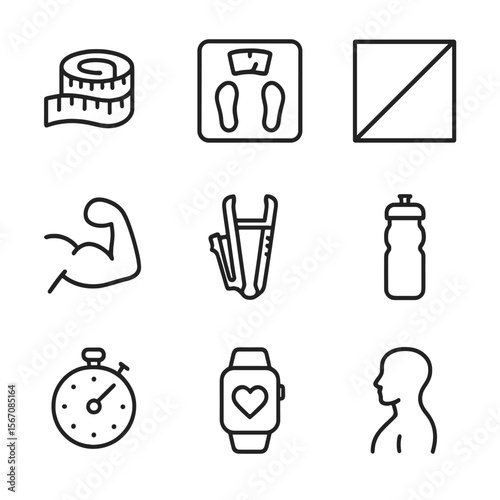Fitness Icon Set. Outline icon set of fitness and body metrics: body measurement tape, scale icon, BMI chart, muscle circumference