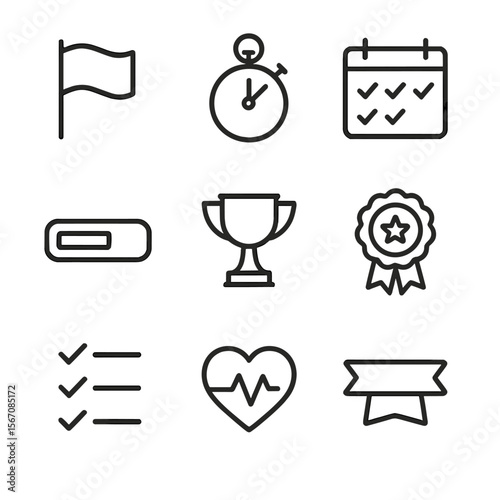 Fitness Challenge Icons. Outline icon set of fitness challenge milestones: start flag, stopwatch, calendar with checkmarks,