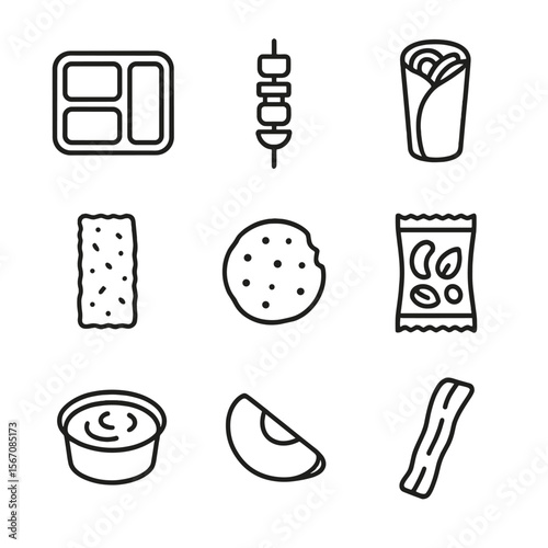 Outline Fitness Snack Icons. Outline icon set of meal prep and portable fitness snacks: meal prep container, grilled vegetable