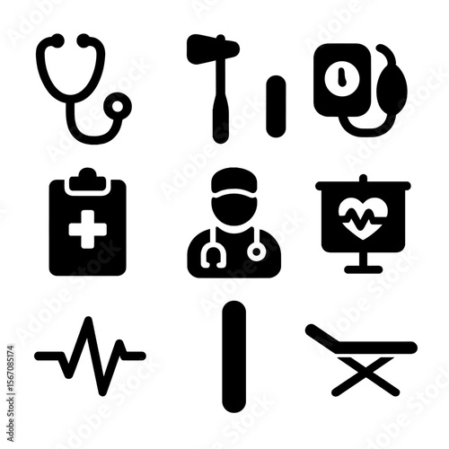 Medical Checkup Icons. Solid, filled icon set of medical checkup essentials: stethoscope, reflex hammer, blood pressure monitor,