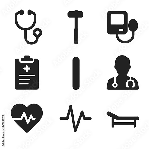 Medical Checkup Icons. Solid, filled icon set of medical checkup essentials: stethoscope, reflex hammer, blood pressure monitor,