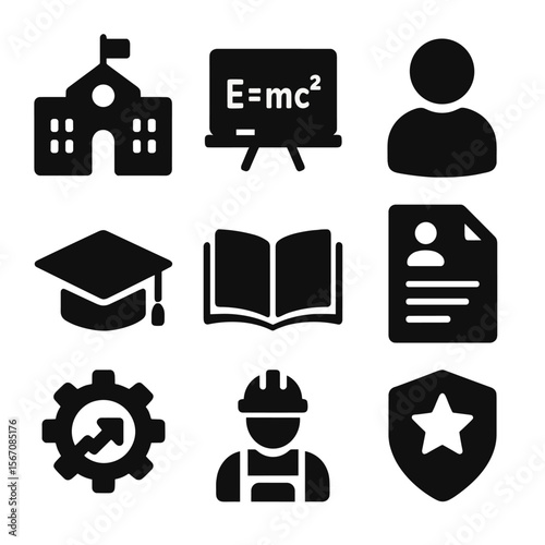Education and Workforce Icons. Solid, filled icons set of education and workforce: school building, chalkboard