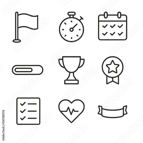 Fitness Challenge Icons. Outline icon set of fitness challenge milestones: start flag, stopwatch, calendar with checkmarks,