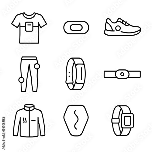 Fitness Tracker Icons. Outline icon set of fitness tracking apparel: smart T-shirt, sensor patch, smart sneakers, compression