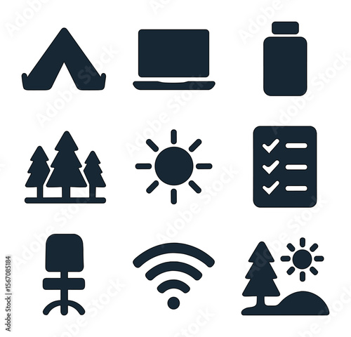 Camping and Work Icons. Solid, filled icons set of camping and working: tent, laptop, flask, forest, sun,
