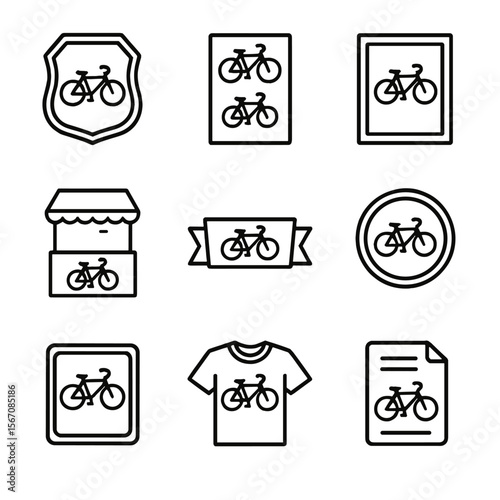 Vintage Bicycle Branding Icons. Outline icon set of vintage bicycle branding: enamel logo badge, decal sheet, poster ad, trade