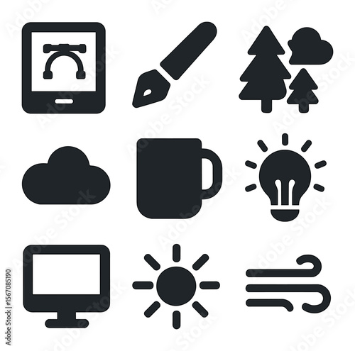 Outdoor Design Icons. Solid, filled icons set of outdoor design work: tablet, pen, trees, cloud icon, mug,
