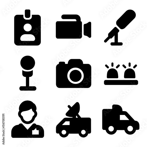 Media Tools Icon Set. Solid, filled icon set of media and press: press badge, video camera, boom mic, interview stand, paparazzi