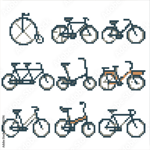 Vintage Bicycle Icons. Pixel art icon set of vintage bicycle models: penny-farthing, roadster, cruiser, tandem, folder, cargo bike