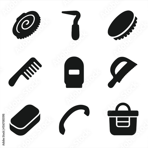 Horse Grooming Tools. Solid, filled icon set of horse grooming tools: curry comb, hoof pick, mane brush, tail comb, grooming mitt,