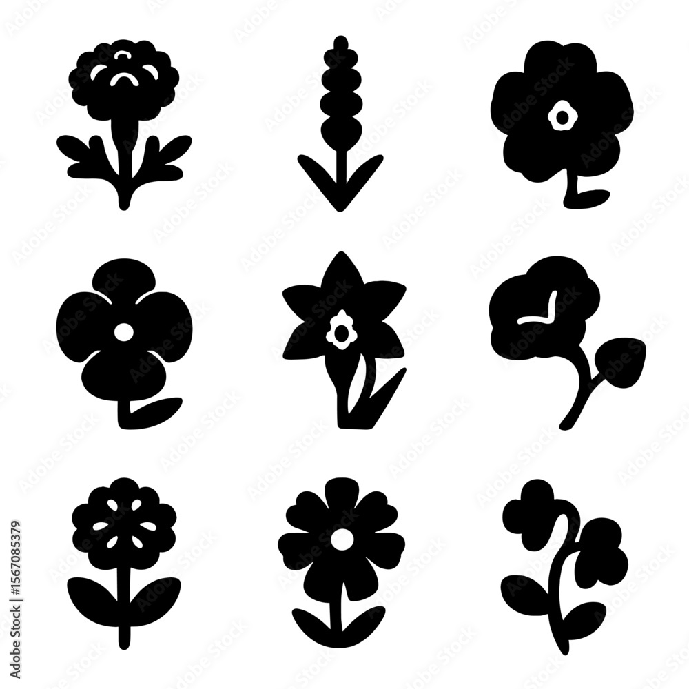 Fototapeta premium Garden Flower Icons. Solid, filled icon set of garden flowers: marigold, lavender, petunia, pansy, daffodil, morning glory, zinnia