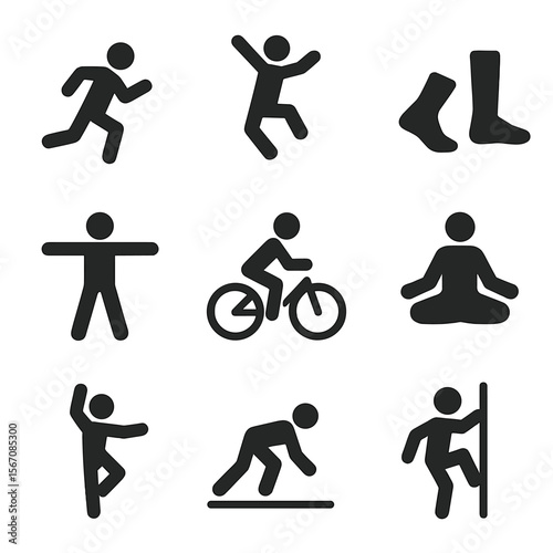 Human Movement Icons. Solid, filled icon set of human movement: running figure, jumping silhouette, walking feet, stretching arms,