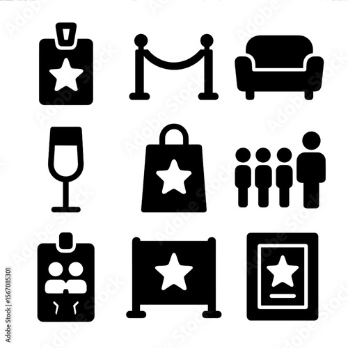 VIP Icon Set. Solid, Filled icon set of VIP experience: VIP pass, velvet rope, lounge sofa, champagne flute, gift bag, priority