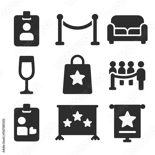 VIP Icon Set. Solid, Filled icon set of VIP experience: VIP pass, velvet rope, lounge sofa, champagne flute, gift bag, priority